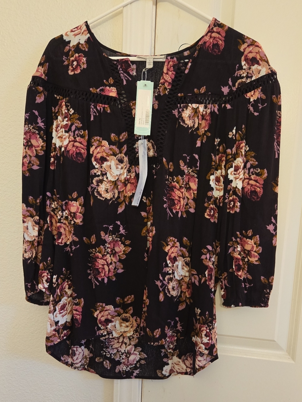 Floral Black Long-Sleeve Peasant Blouse